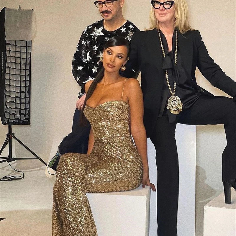 Gold Shining Sequins Spaghetti Strap Flare Pants Jumpsuit Fashion's Sexy Woman Party Outfit Cocktail Party Vestido