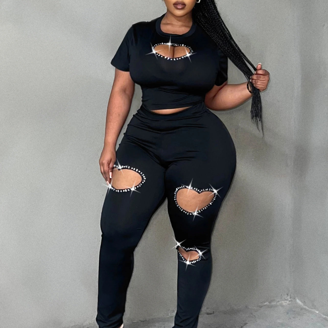 LW Plus Size Two pieces sets short sleeve Rhinestone top + Heart Cut Out Pants Set casual women‘s matching suit Autumn NEW black