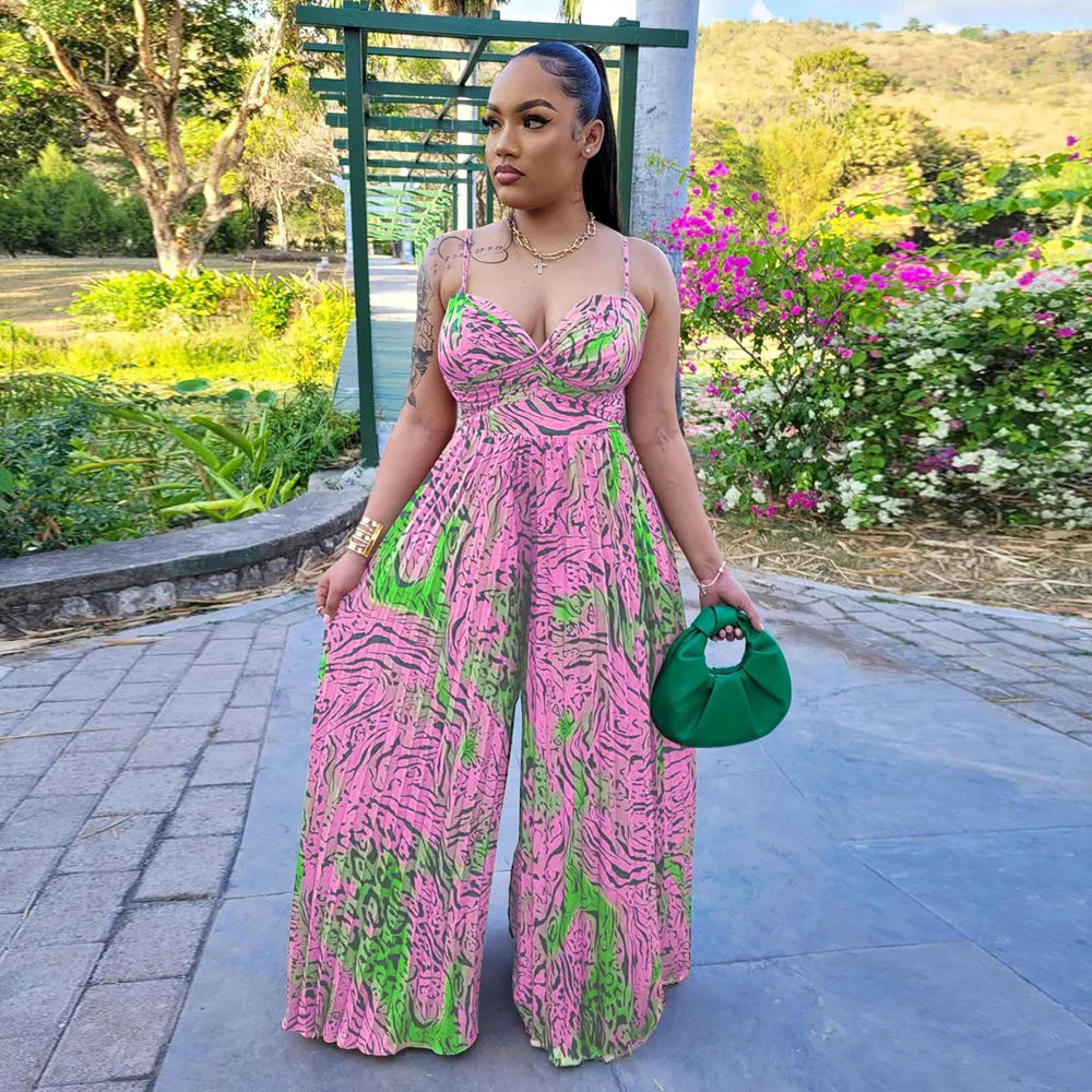 Women Leopard Spaghetti Strap Loose Wide Leg Sleeveless Jumpsuit 2023 Summer Street Playsuit One Piece Suit Romper Pink