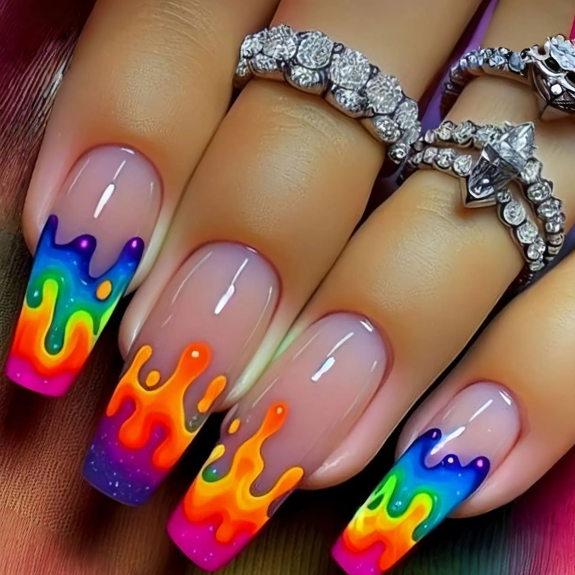 24pcs/set Medium long fake nails for women girls Y2K gradient purple blue yellow green square almond tips press on false nails 2649