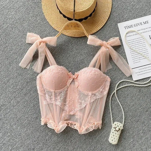 Bows Camisole Built in Bra Sweet Lace-up Lace Sheer Female Camis Tank Top Sleeveless Cropped Tops Sexy Women Clothes Dropship pink One Size