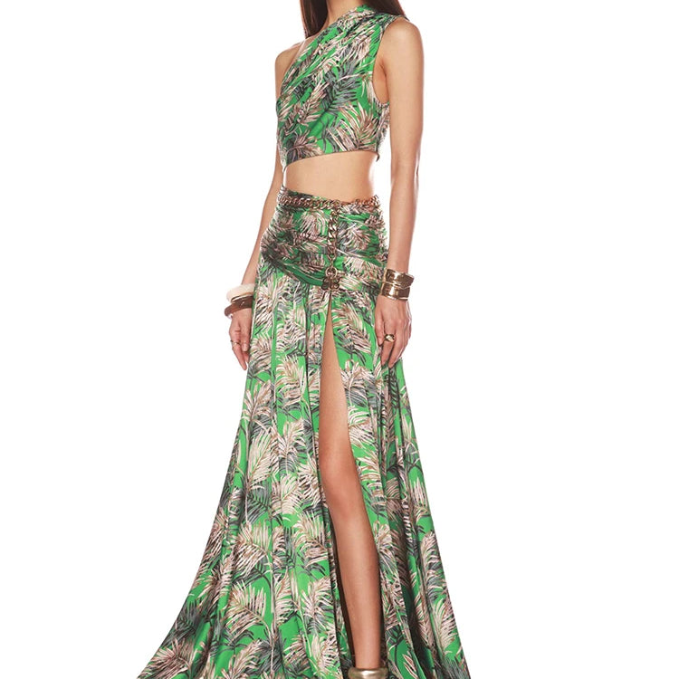 Stylish Green Print Ensemble One-Shoulder High Slit Two-Pieces Dress Set for Summer Galas