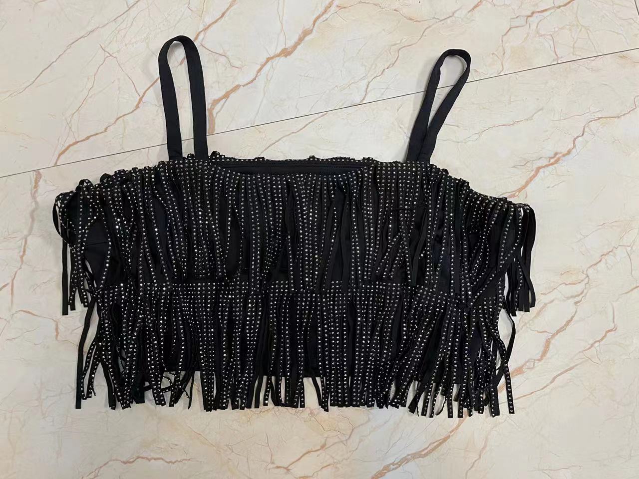 Women Skirt Fashion New Autumn High Waist Belt Multi Layer Short Heavy Drilling Rhinestones Fringed Skirt with Cake A Line black tops