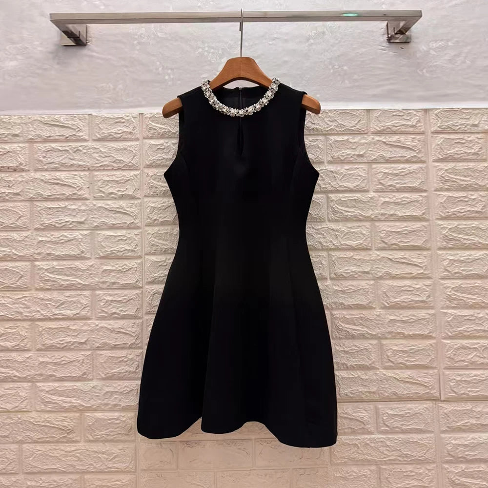 Solid Slimming Spliced Bead Elegant Dresses for Women Round Neck Sleeveless Hollow Out Patchwork Folds Dress Female BLACK