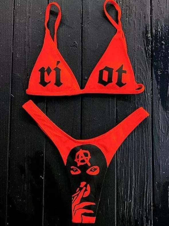 Sexy Goth Bikini 2023 Women Letters Skull Print Swimsuit Split Bathing Suit High Waist Gothic Bikinis Sets Beach Outfits 13