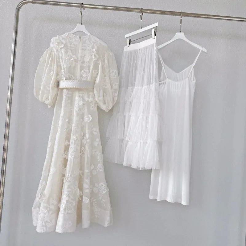 Women Dresses Party Holiday Luxury Top Qaulity 3-piece White O-neck Half Sleeve A-line Long Dress with Belt Australian Designer