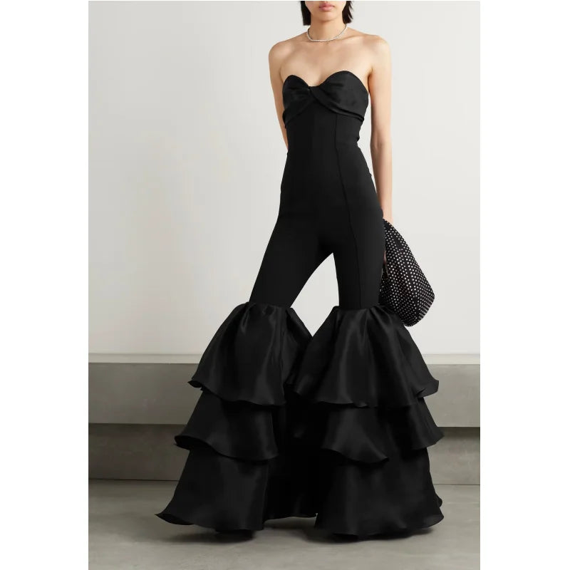 Stylish Flare Pants Strapless Black Bandage Jumpsuit Woman Fashion Party Outfit Nightclub Performance Costume black