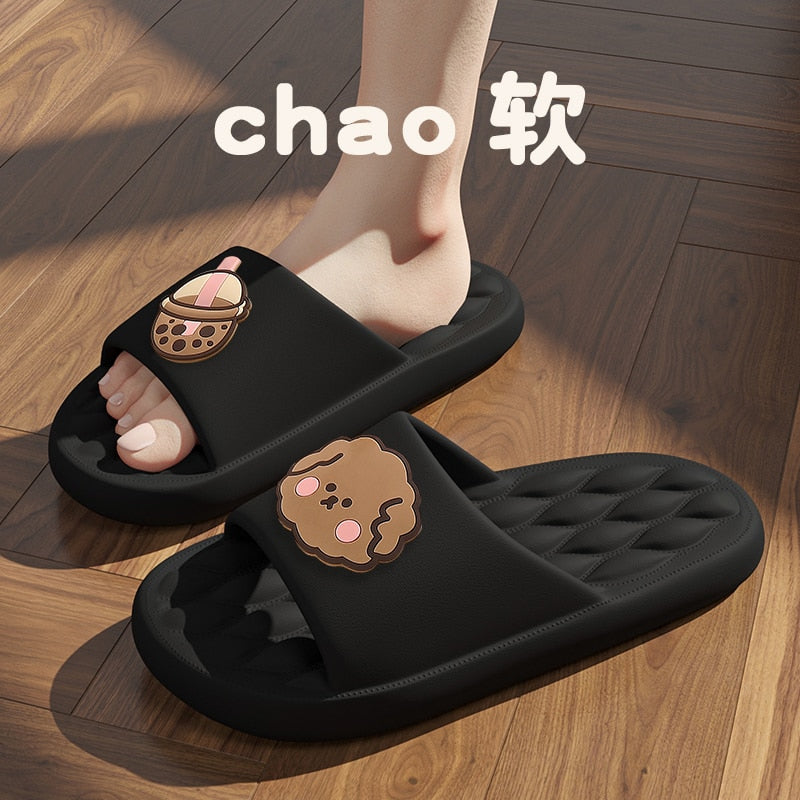 Solid Bear Slippers Cartoon Graffiti Shoes Women Summer Flip-Flops Beach Sandals Thick Platform Soft Cozy Casual Home Slippers black2