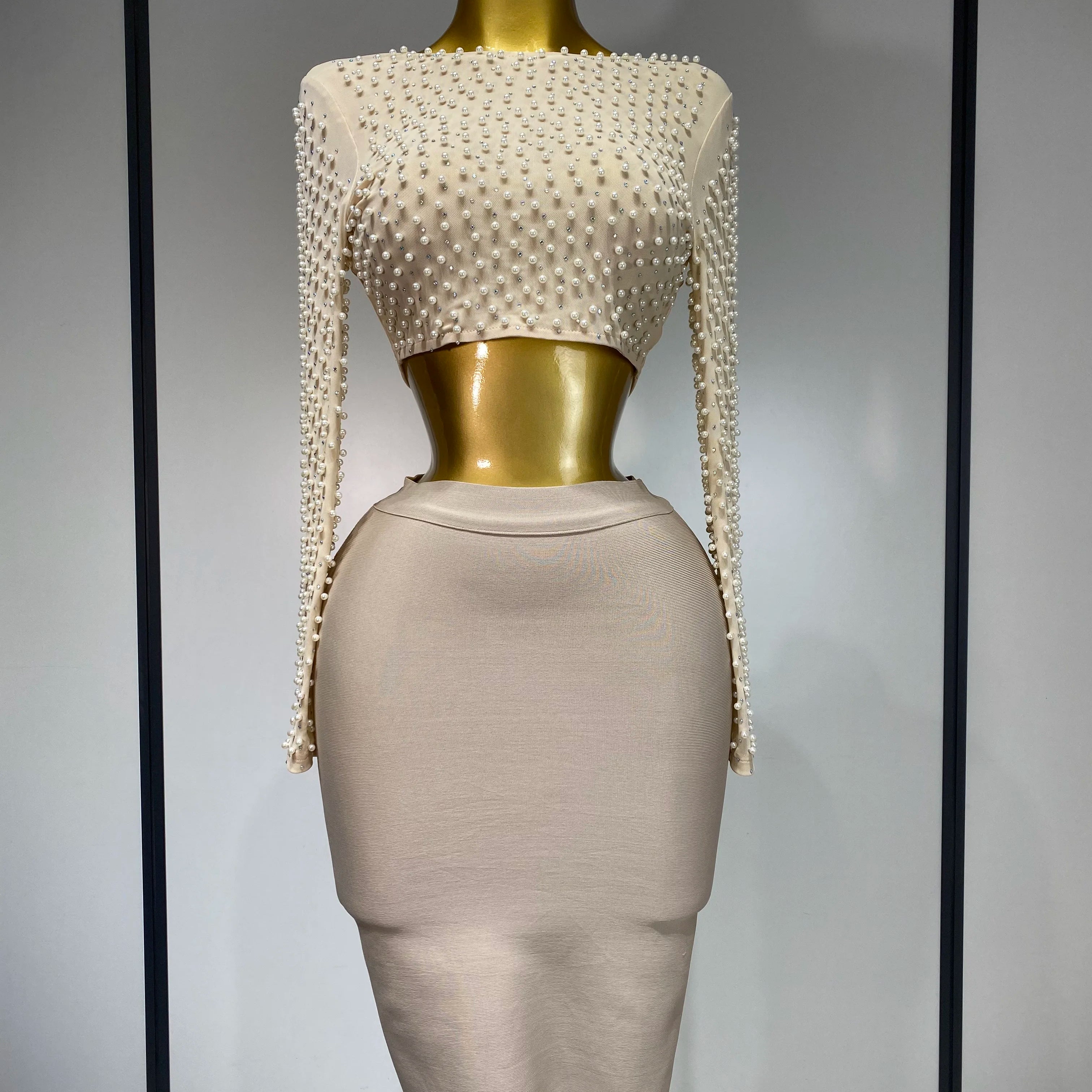 Women Sexy Long Sleeve Mesh Pearl Top Celebrity Midi Women Bandage Set 2025 Designer Evening Party Luxury Birthday Two Piece Set Beige