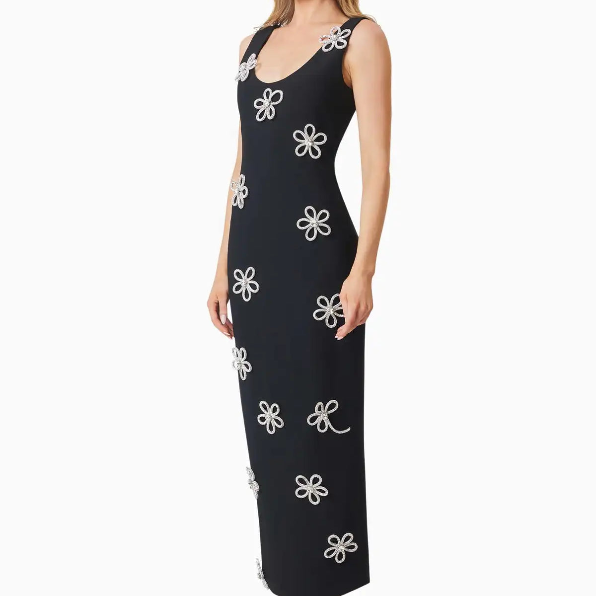 Top Quality Shinning Diamond Flowers Women Sleeveless O-Neck Bodycon Bandage Long Dress Celebrate Evening Party Runway Outfit