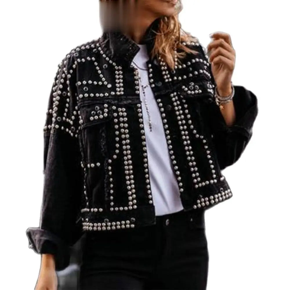 Women Outwear Studded Denim Jacket 2022 Spring Autumn Lapel Loose Single Breasted Buckle Casual Short Jeans Coats