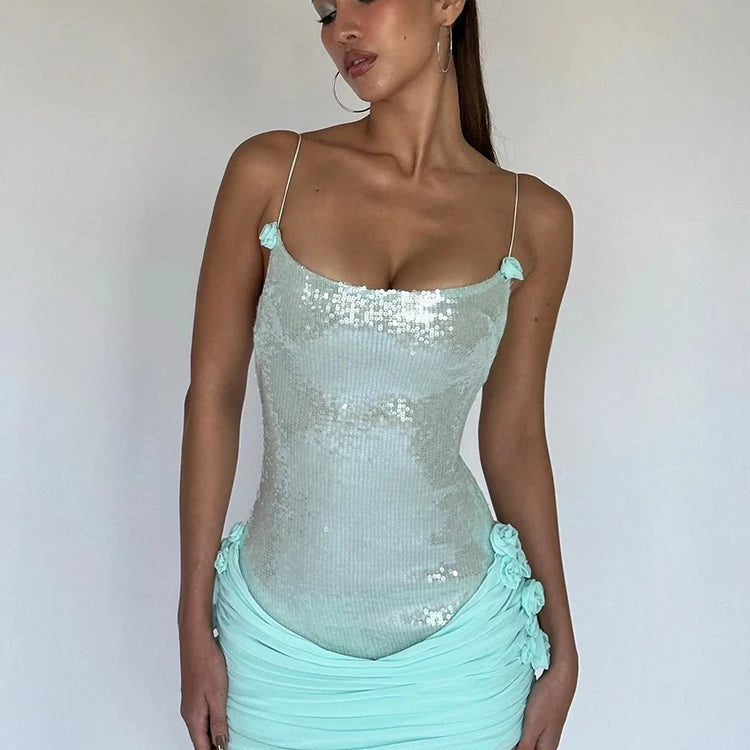 Sparkling Sequin Embellished Strappy Mini Dress for a Glitzy Party Night Gown