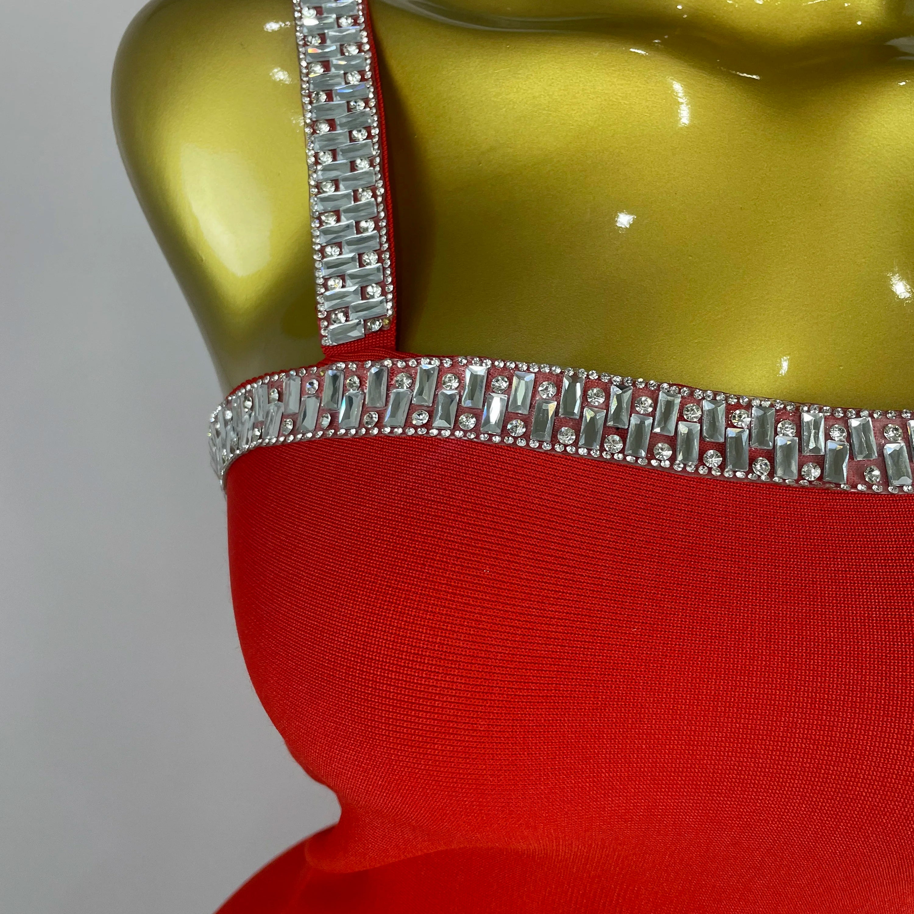 2025 Women Celebrity Luxury Sexy Summer Square Collar Red Crystal Mini Bandage Dress Knitted Elegant Evening Club Party Outfit