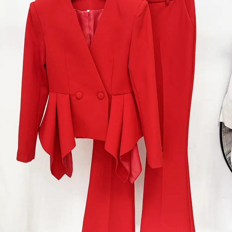 2025 New Red Color Women Long Sleeve Ruffles V-Neck Fashion Women's Set Elegant Evening Party Office Lady Wear Top Quality