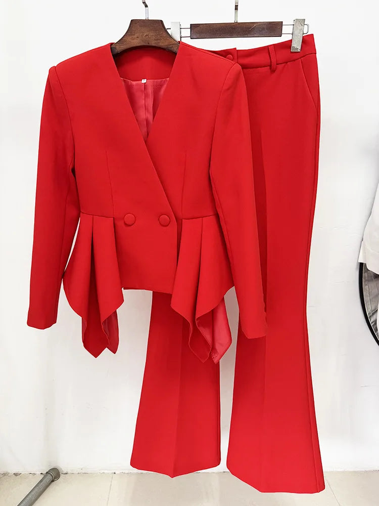 2025 New Red Color Women Long Sleeve Ruffles V-Neck Fashion Women's Set Elegant Evening Party Office Lady Wear Top Quality
