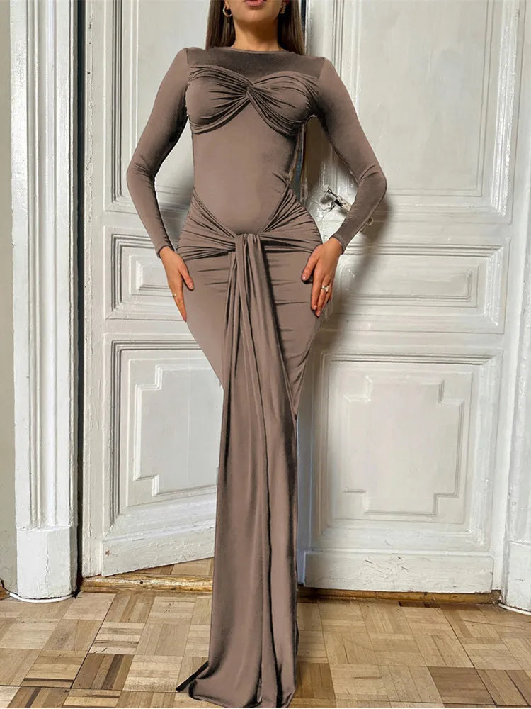 Women Celebrity Sexy O Neck Long Sleeve Gray White Maxi Long Gowns Dress 2024 Elegant Evening Party Club Vestido