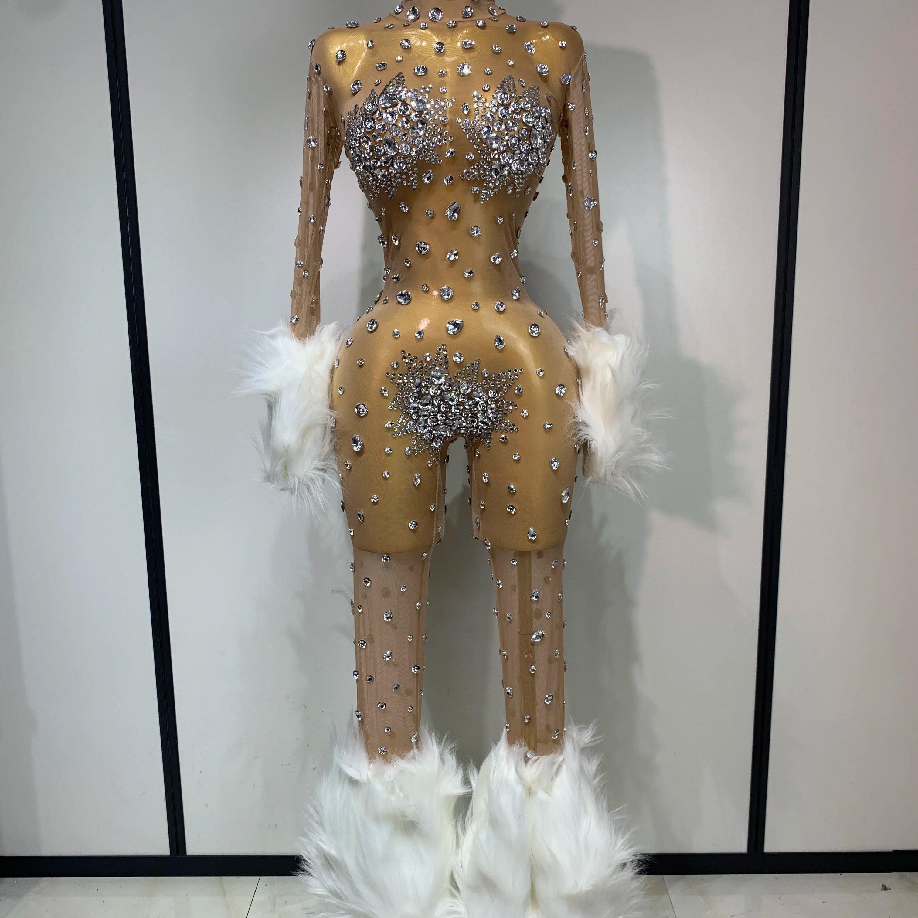 Shiny Diamond Mesh See Through Bodycon Jumpsuit Women Sexy Long Sleeve Performance Singer Costume Nightclub Stage Outfit Khaki