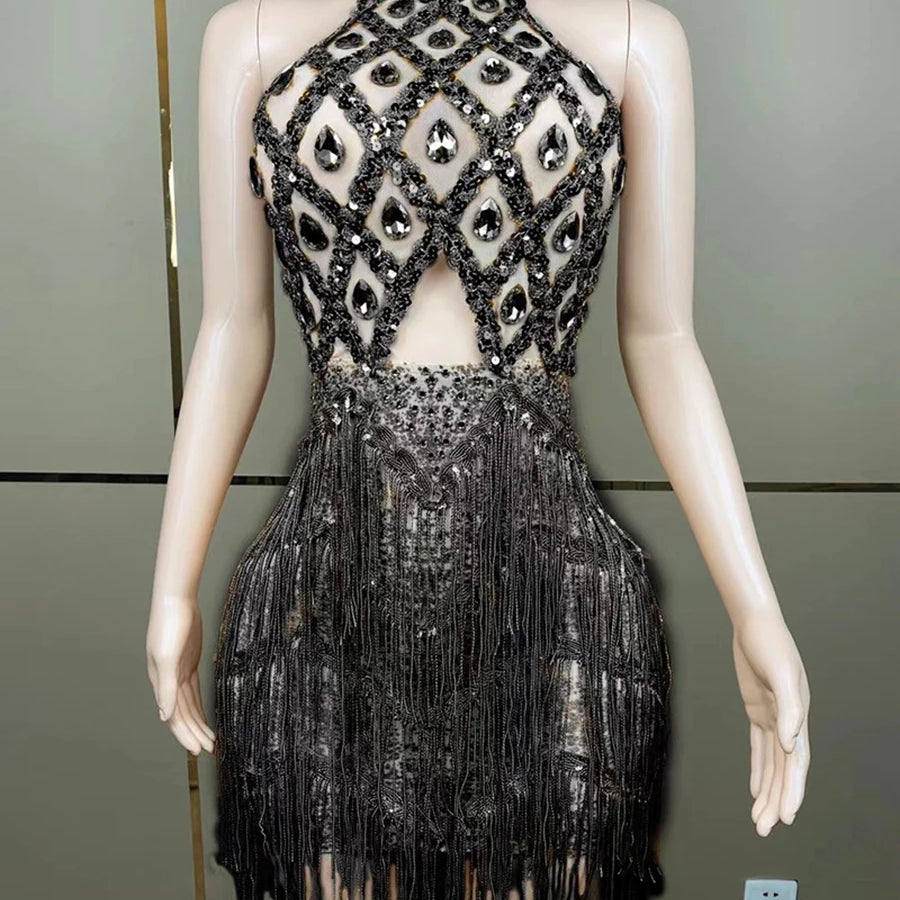 Colorblock Slimming Spliced Hollow Out Dresses for Women Round Neck Sleeveless Patchwork Tassels Dress Female New BLACK