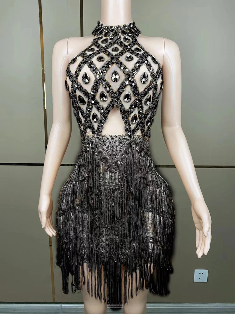 Colorblock Slimming Spliced Hollow Out Dresses for Women Round Neck Sleeveless Patchwork Tassels Dress Female New BLACK