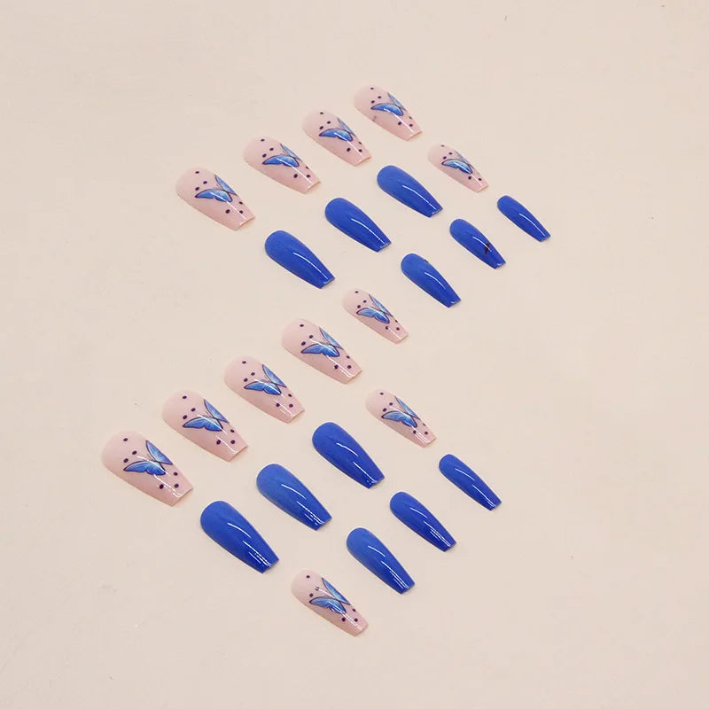 24 pcs long ballet-shaped French butterfly powder nails +1 nail glue +1 nail file