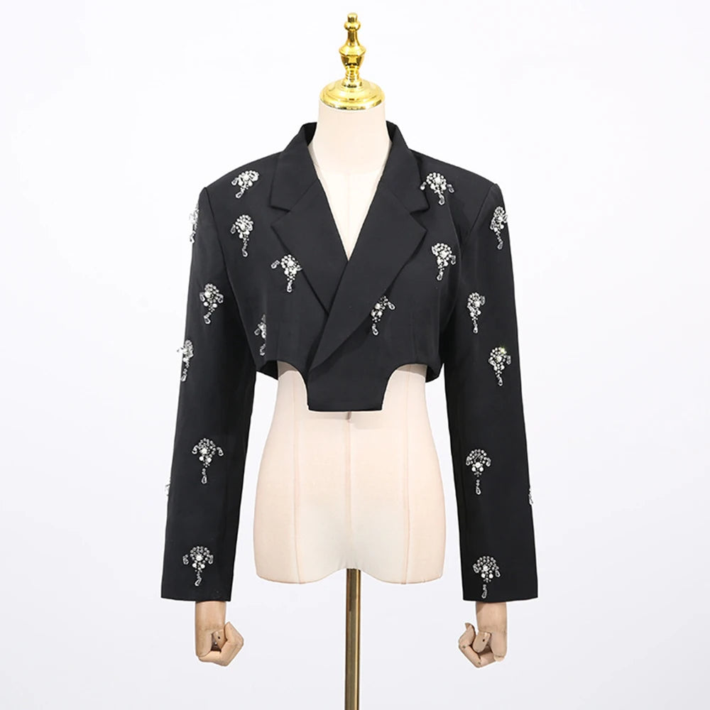 Solid Slimming Elegant Jackets for Women Lapel Long Sleeves Patchwork Bead Short Jacket Female Fashion Clothing New BLACK