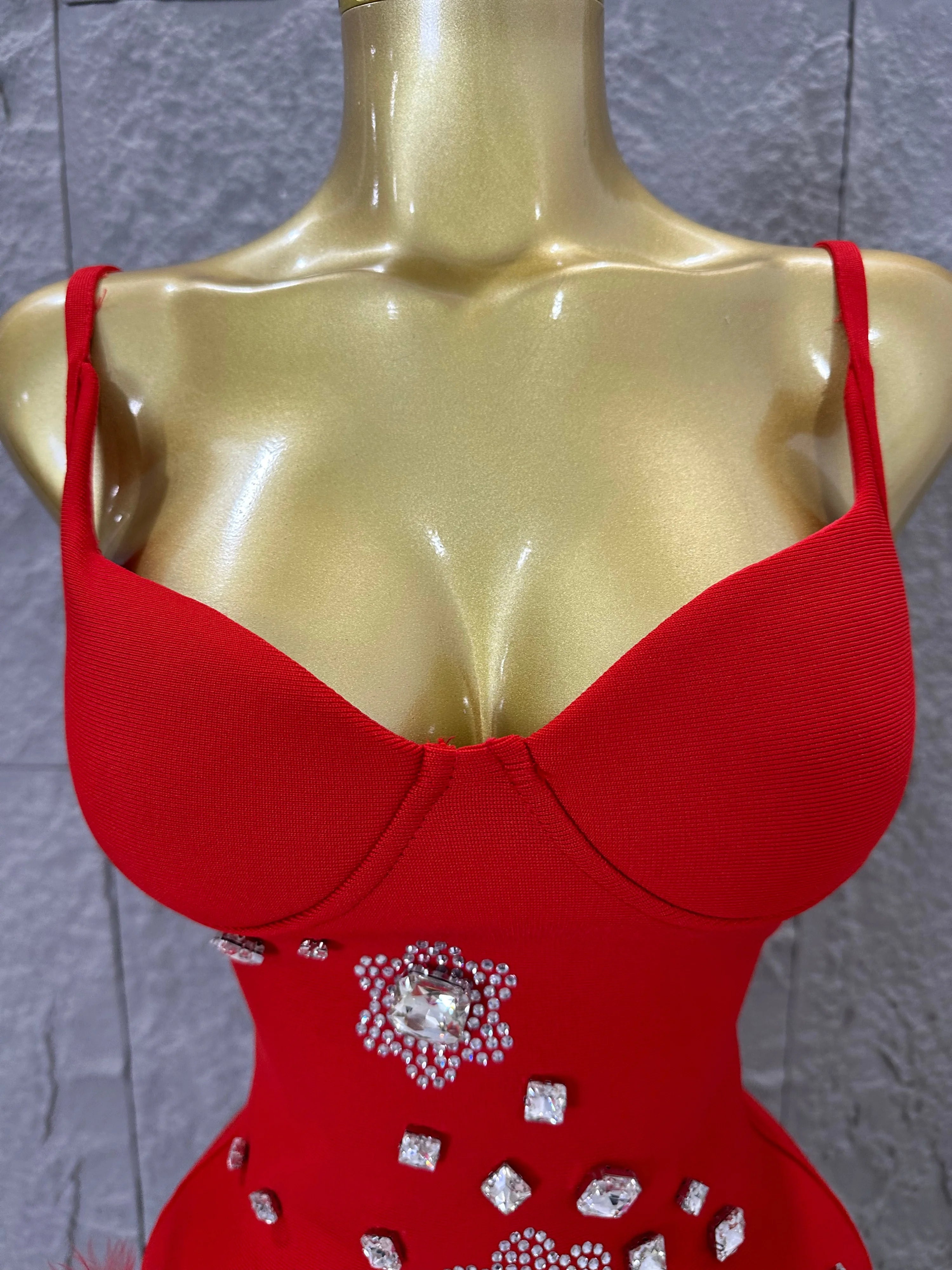 Elegant Red Spaghetti Strap Mini Dress Women Sexy Sweetheart Neck Crystal & Feather Form-Fitting Outfit Formal Event Costume
