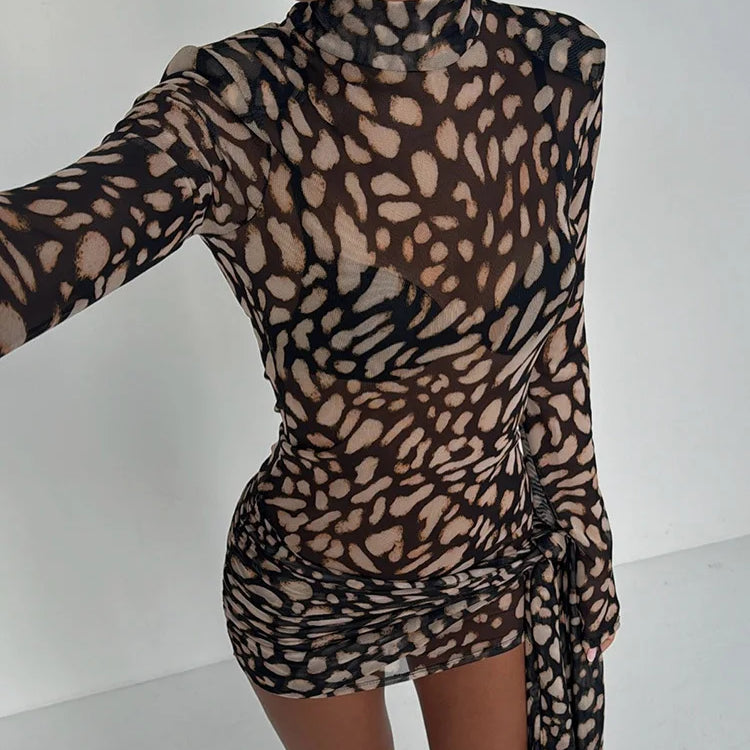 Mesh Leopard Print Sexy Mini Dress For Women Robe Fashion Turtleneck Draped Ruched High Waist Club Dress Vestido