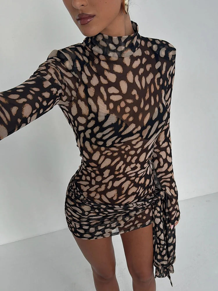 Mesh Leopard Print Sexy Mini Dress For Women Robe Fashion Turtleneck Draped Ruched High Waist Club Dress Vestido