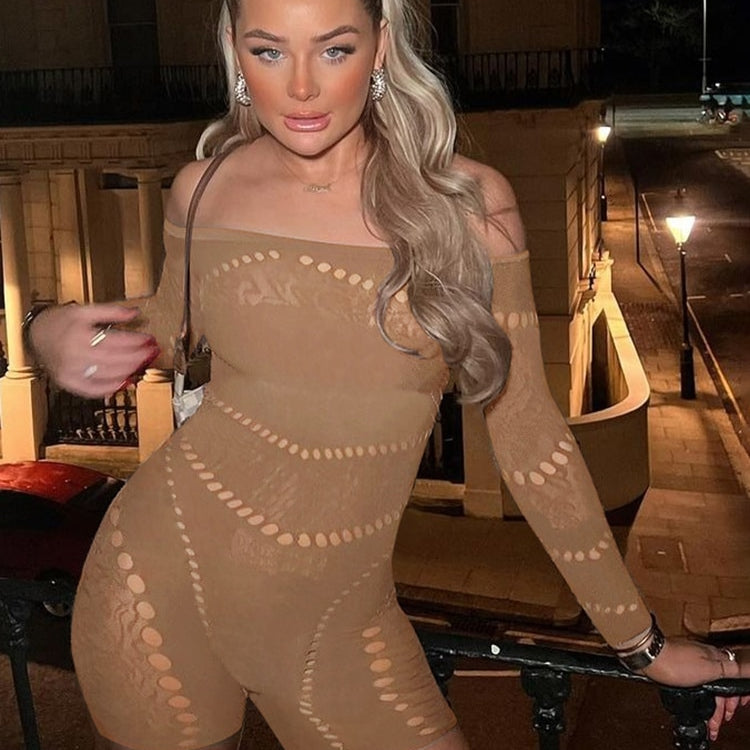 Sisterlinda Sexy Hollow See Through Romper Women Long Sleeve One Shoulder Skinny One Piece Playsuit Female Workout Overalls 2024 Brown One Size