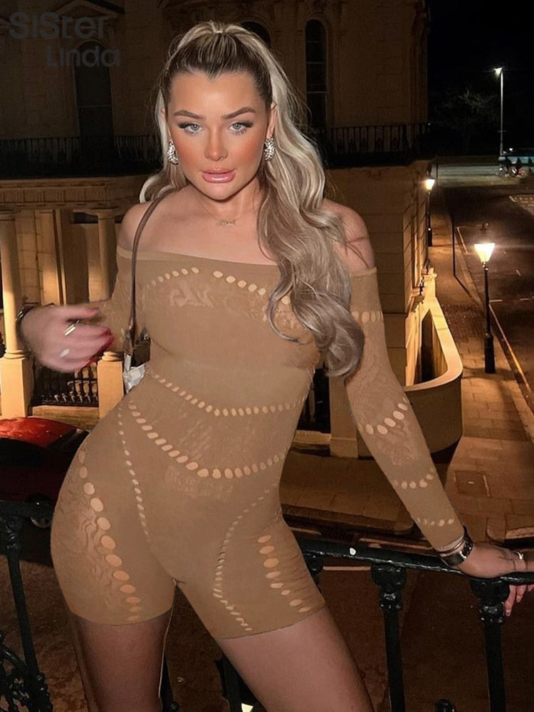 Sisterlinda Sexy Hollow See Through Romper Women Long Sleeve One Shoulder Skinny One Piece Playsuit Female Workout Overalls 2024 Brown One Size
