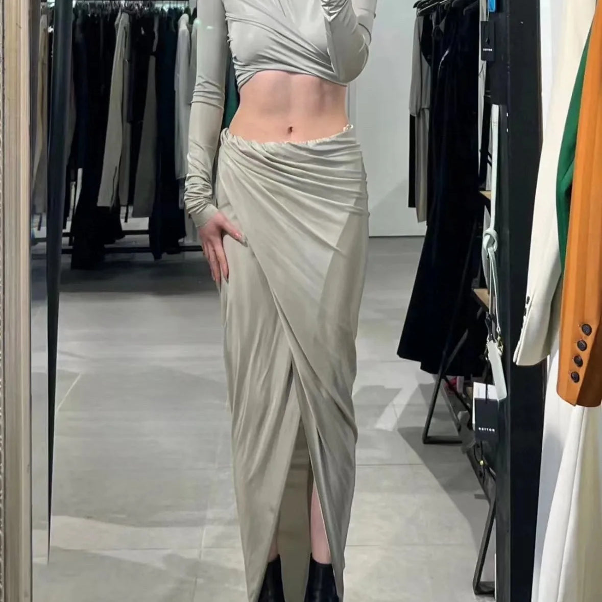 2024SS Summer Luxury New Women High Quality Slit Chic Casual Midi Skirt for Ladies 2 Color Gdnz 3.13