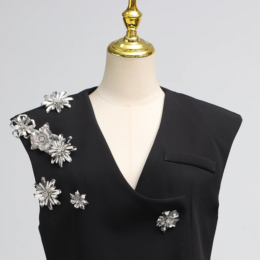 Solid Spliced 3D Flower Two Piece Sets for Women V Neck Sleeveless Top High Waist Split Skirt Elegant Set Female