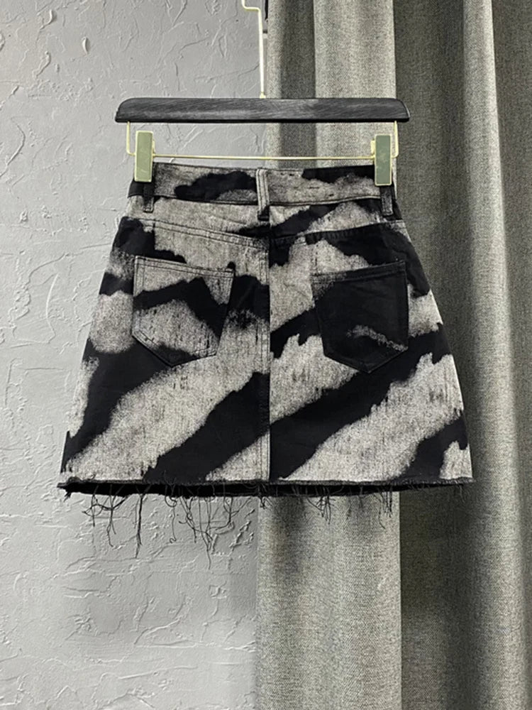 DEAT Women's Denim Skirt Contrast Color Stripes Print Burrs High Waist Short Mini Skirts Summer New Fashion 11XX1648