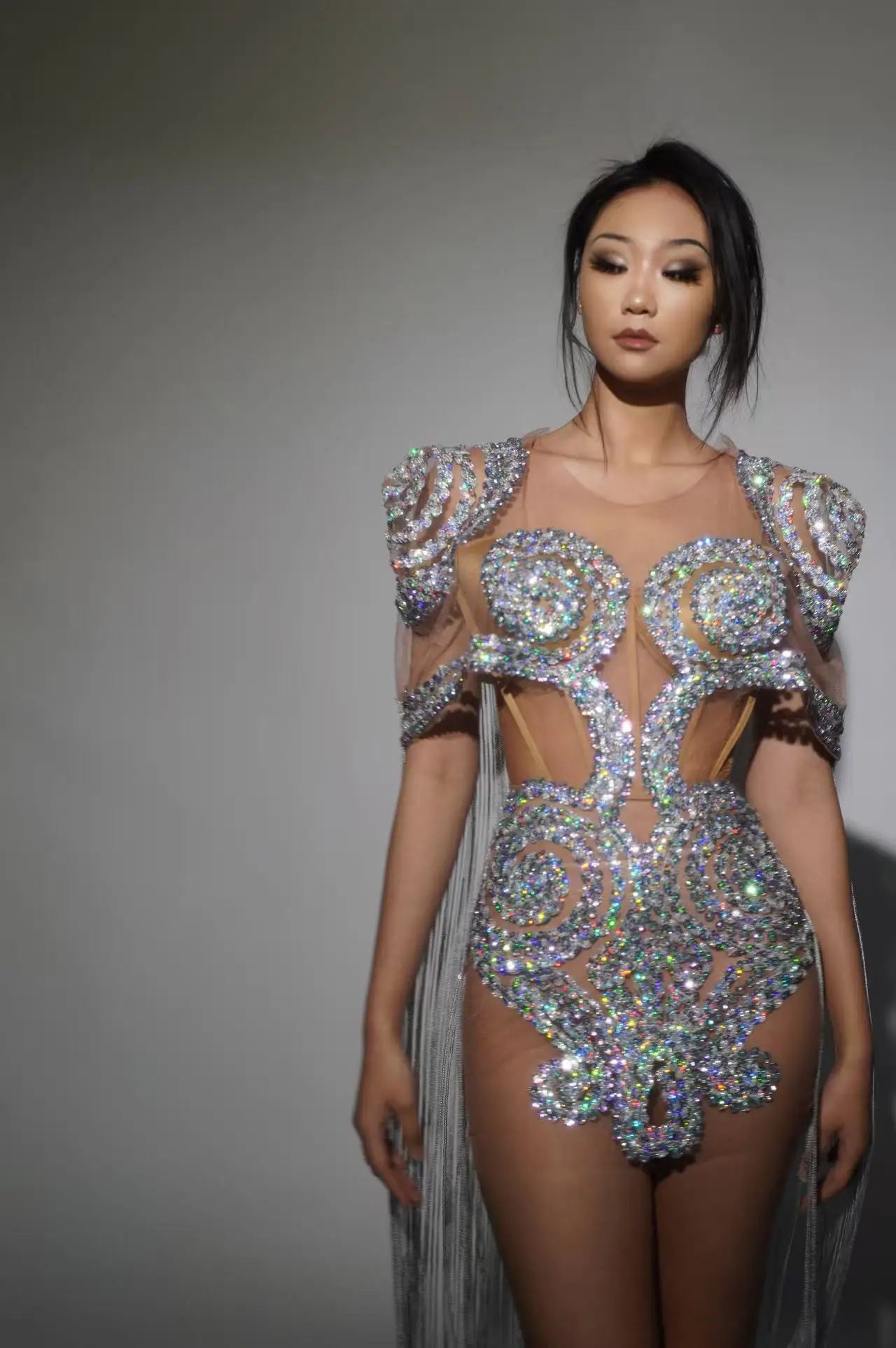 Shinning Sequins Women Sexy mesh See Through Cloak Sleeve Sexy Bodycon Mini Dress Nightclub Party Bar Singer Performance Costume