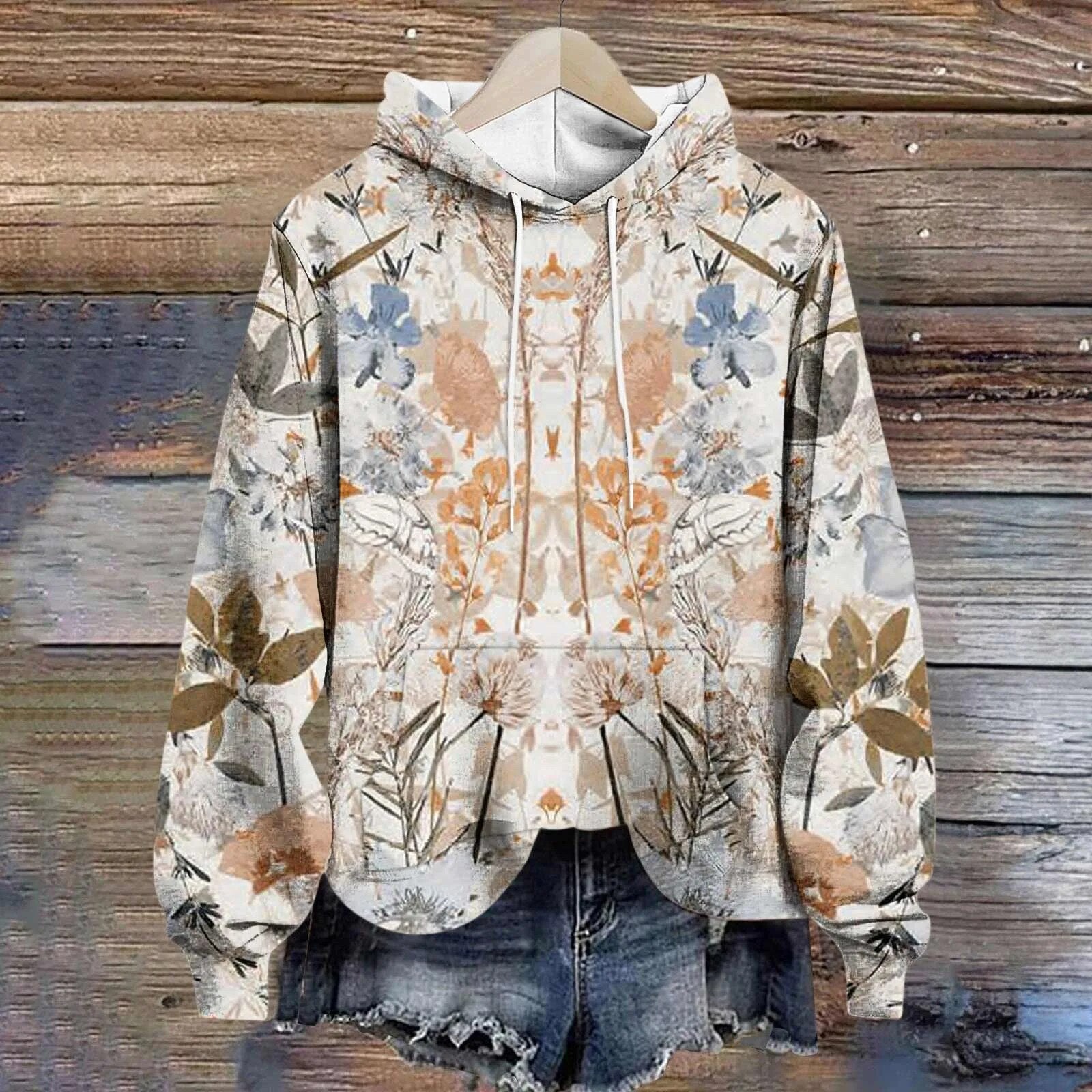 Women'S Sweatshirt Unique Hooded Women Pullover Winter 2024 Casual Long Sleeves Print Women Sweatshirts 빅사이즈 여성의류 Khaki