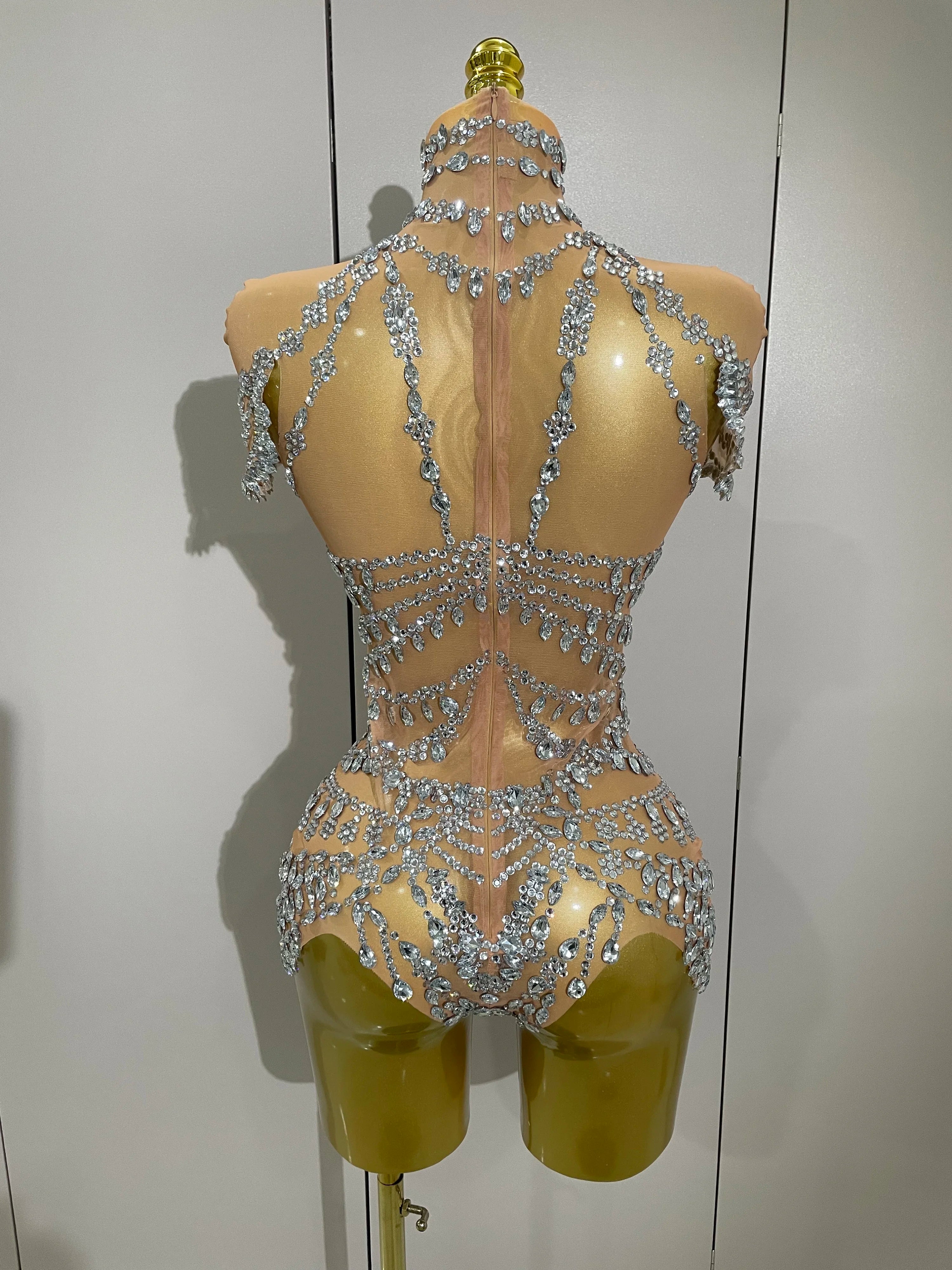 2025Stage Costume Luxury Rhinestones Sexy See-Through Sheath Bodysuit Evening Party Bar Nightclub Singer Dancer Performance Wear