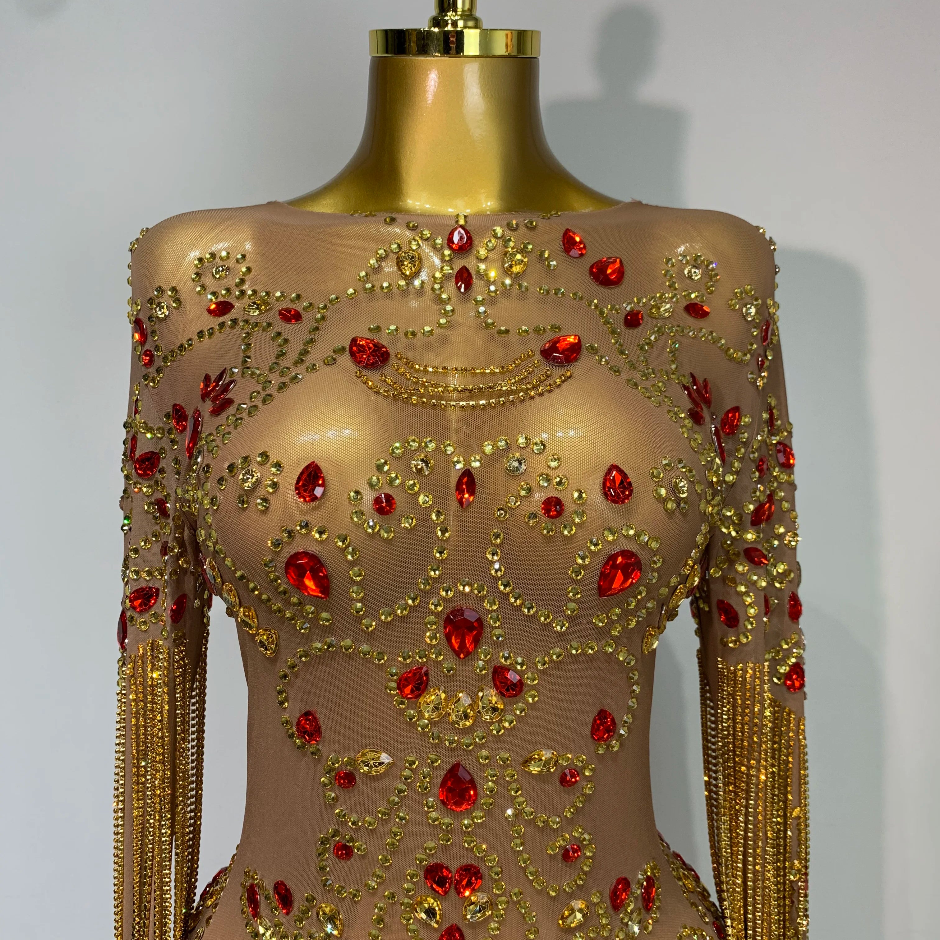 See Through Elastic Mesh Sparkly Rhinestone Stage Performan Costume Luxury Birthday Evening Party Wedding Dress