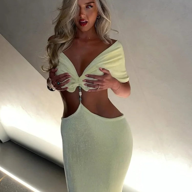 Elegant V Neck Pleating Yellow Maxi Dress For Women Fashion Cut Out Slim Fit High Waist Robes New Summer Holiday Beach Dresses