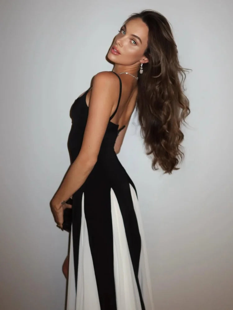 Fashion Contrasting U Neck Sling Maxi Dress Women Elegant Sleeveless Backless A-line Hem Robe Lady High Slit Summer Dresses 2025