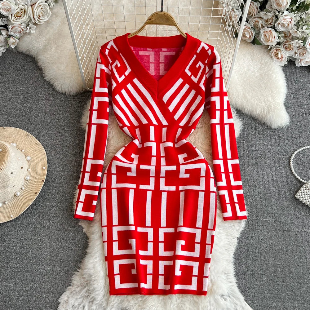 Women Dress Autumn Winter Long Sleeve Y2K Geometric Knitted Dress Lady Elegant Bodycon Sweater Dress Vestidos Red One Size