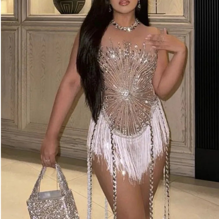 Stock Women Luxury Sexy Mesh Crystal Diamonds Beading Mini Dress Birthday Party Costume Bar Nightclub Stage Performance Dress