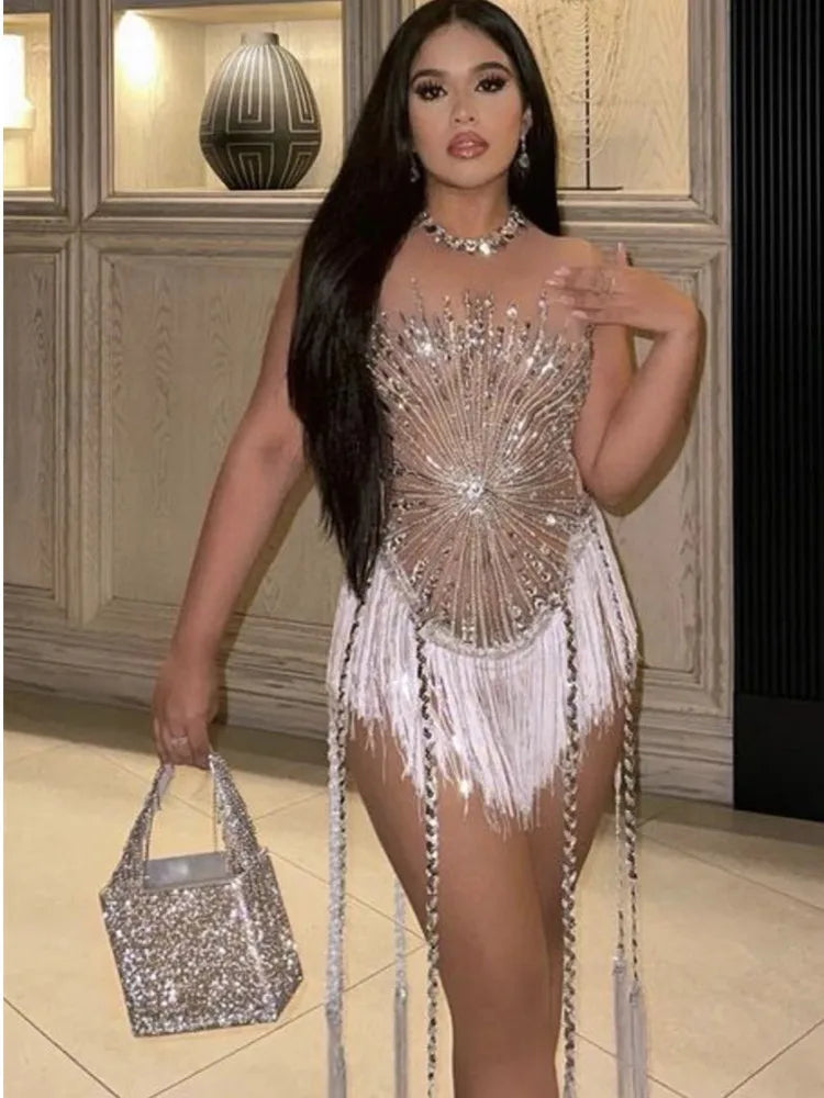 Stock Women Luxury Sexy Mesh Crystal Diamonds Beading Mini Dress Birthday Party Costume Bar Nightclub Stage Performance Dress