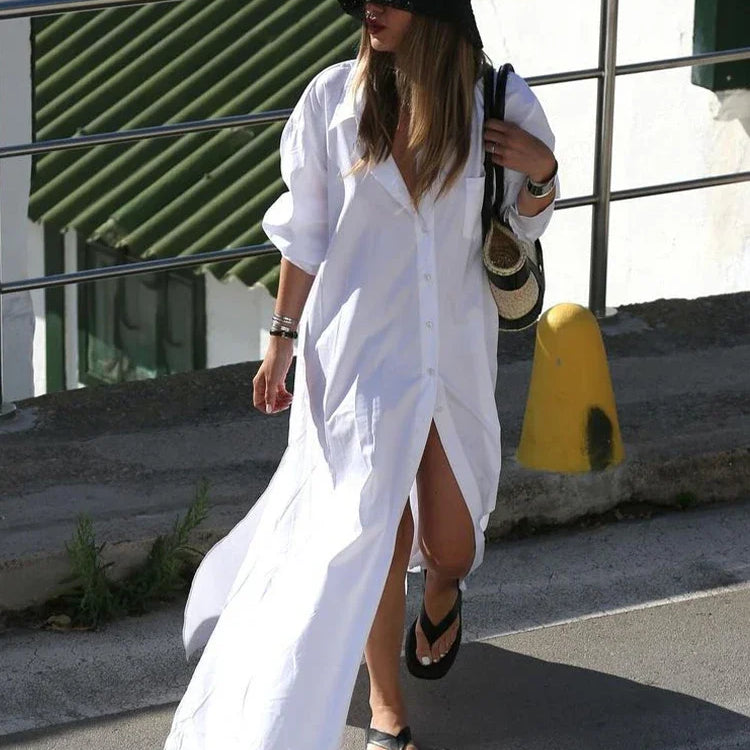 Casual Split Long Sleeved Maxi Dress For Women Elegant Lapel Single Breasted White Dresses Chic Lady High Streetwear Robes
