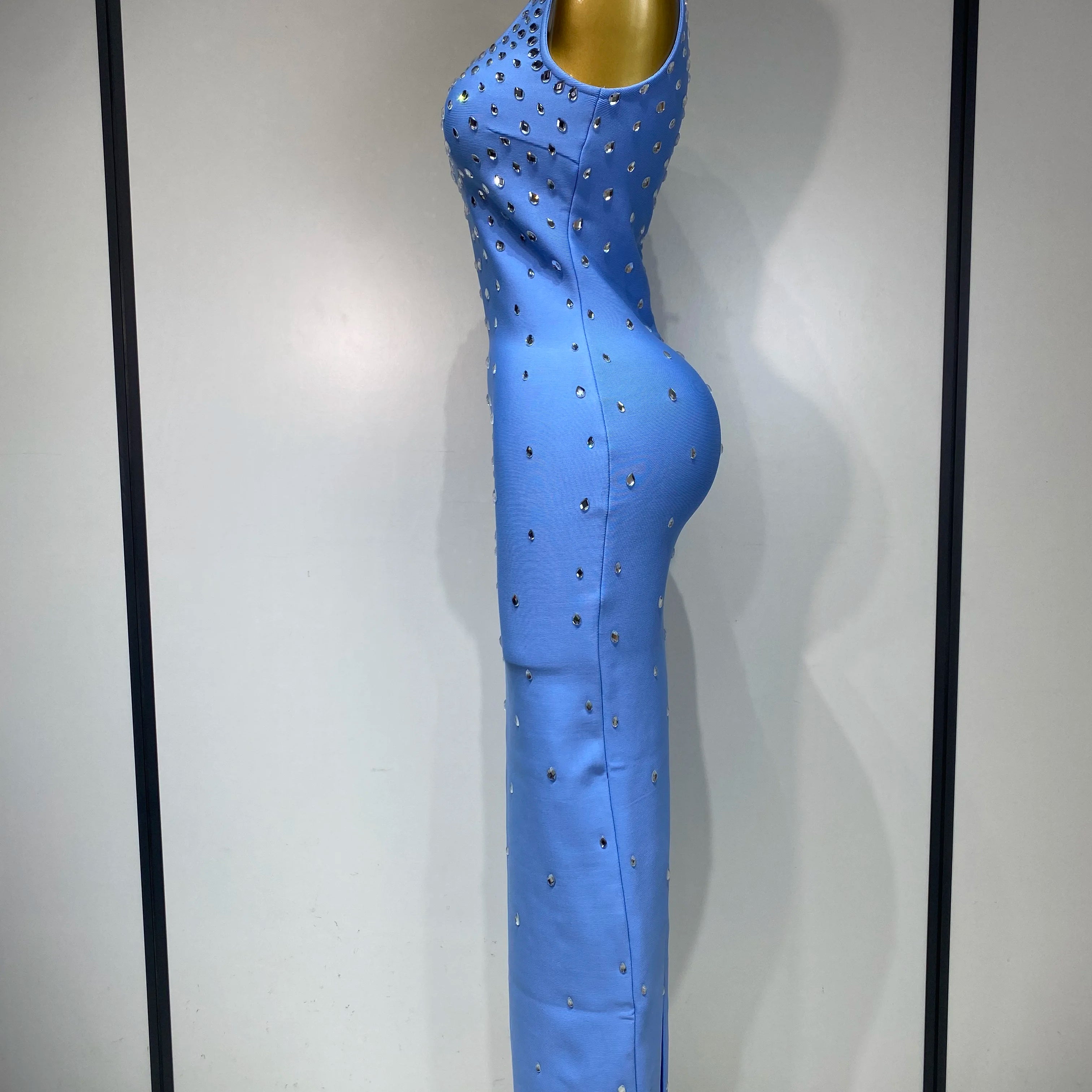 Women Sparkly Rhinestone Bandage Long Dress Elastic Sleeveless Bodycon High Street Evening Club Party Elegant Birthday Gowns