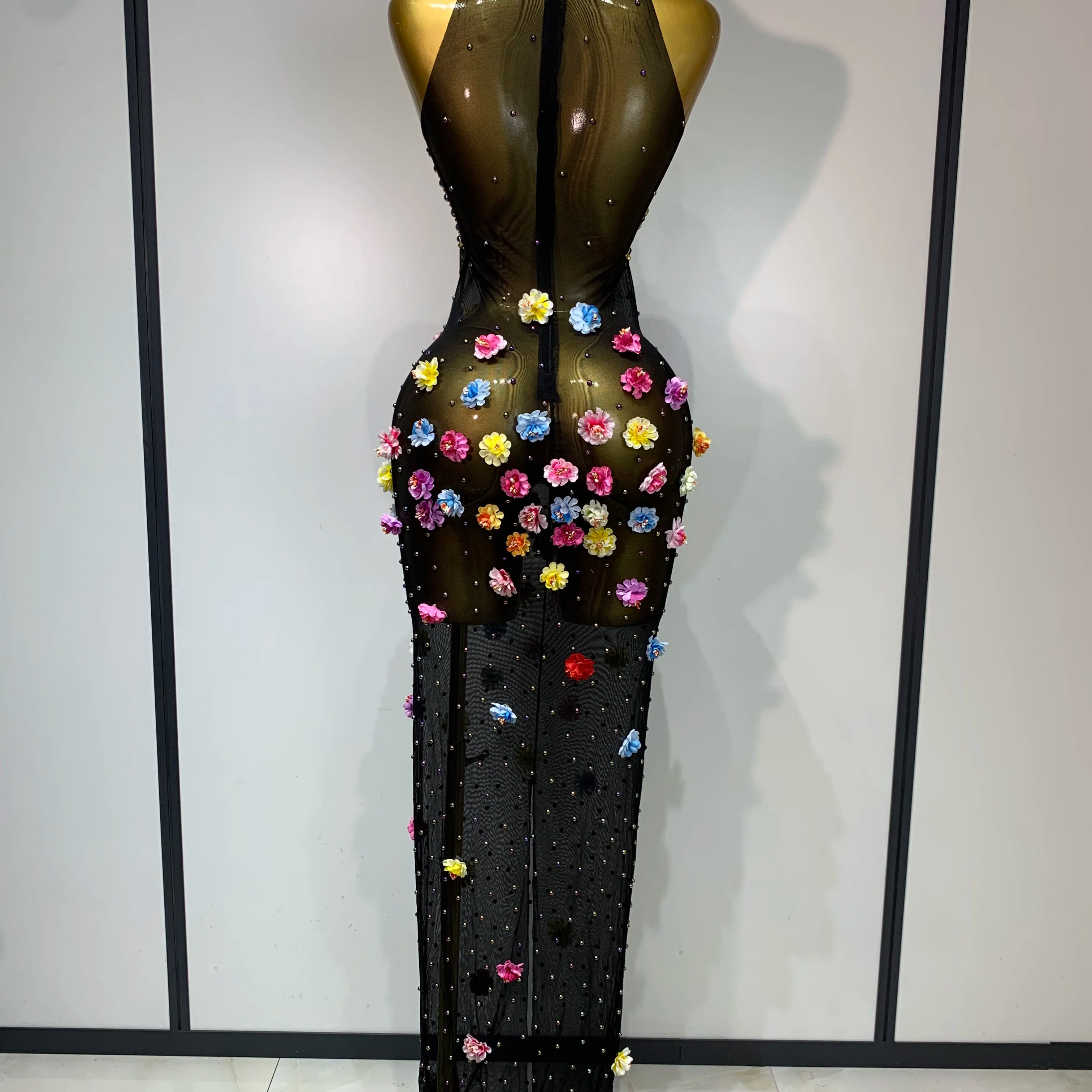 Luxury Rhinestones Flowers Sexy See Through Long Dress 2025 Elegant Evening Party Birthday Wedding Guest Dress Club Stage Outfit