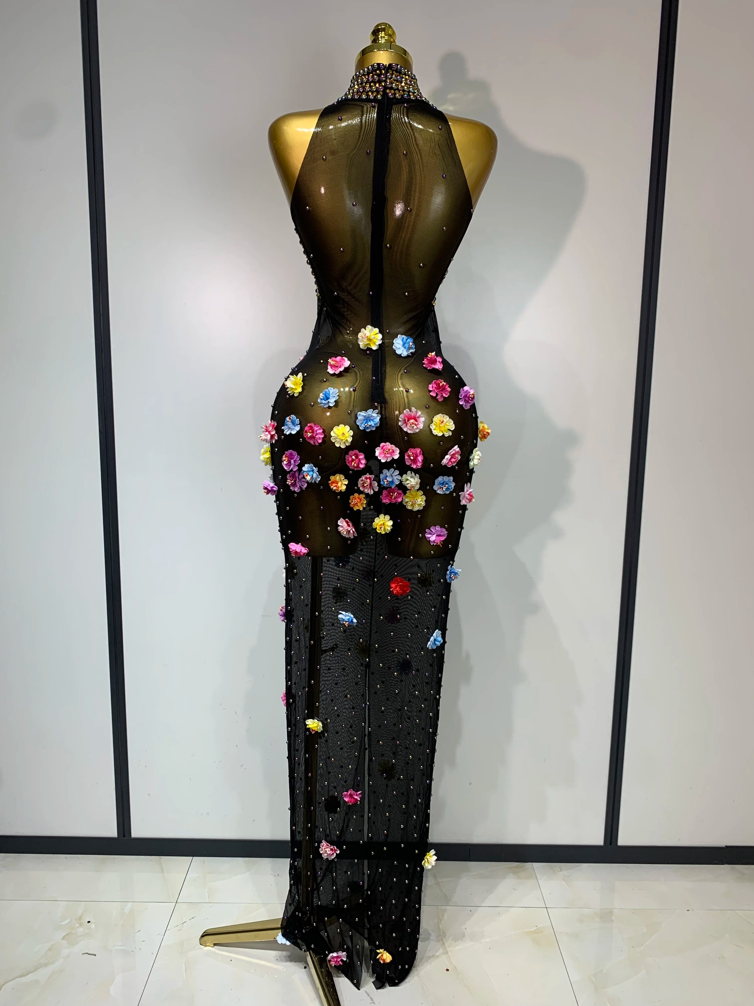 Luxury Rhinestones Flowers Sexy See Through Long Dress 2025 Elegant Evening Party Birthday Wedding Guest Dress Club Stage Outfit