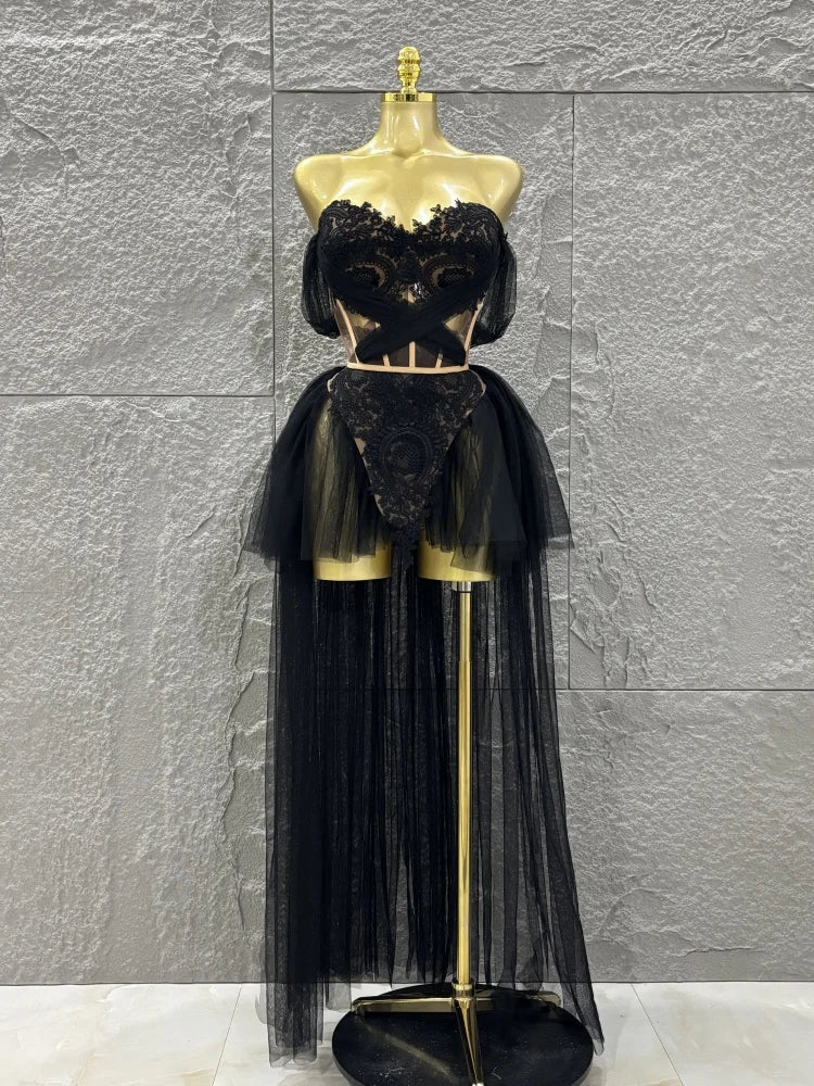 STOCK Women Sexy Strapless Laced-up Mesh 2 Pieces Long Maxi Dress Celebrate Evening Party Birthday Prom Outfit