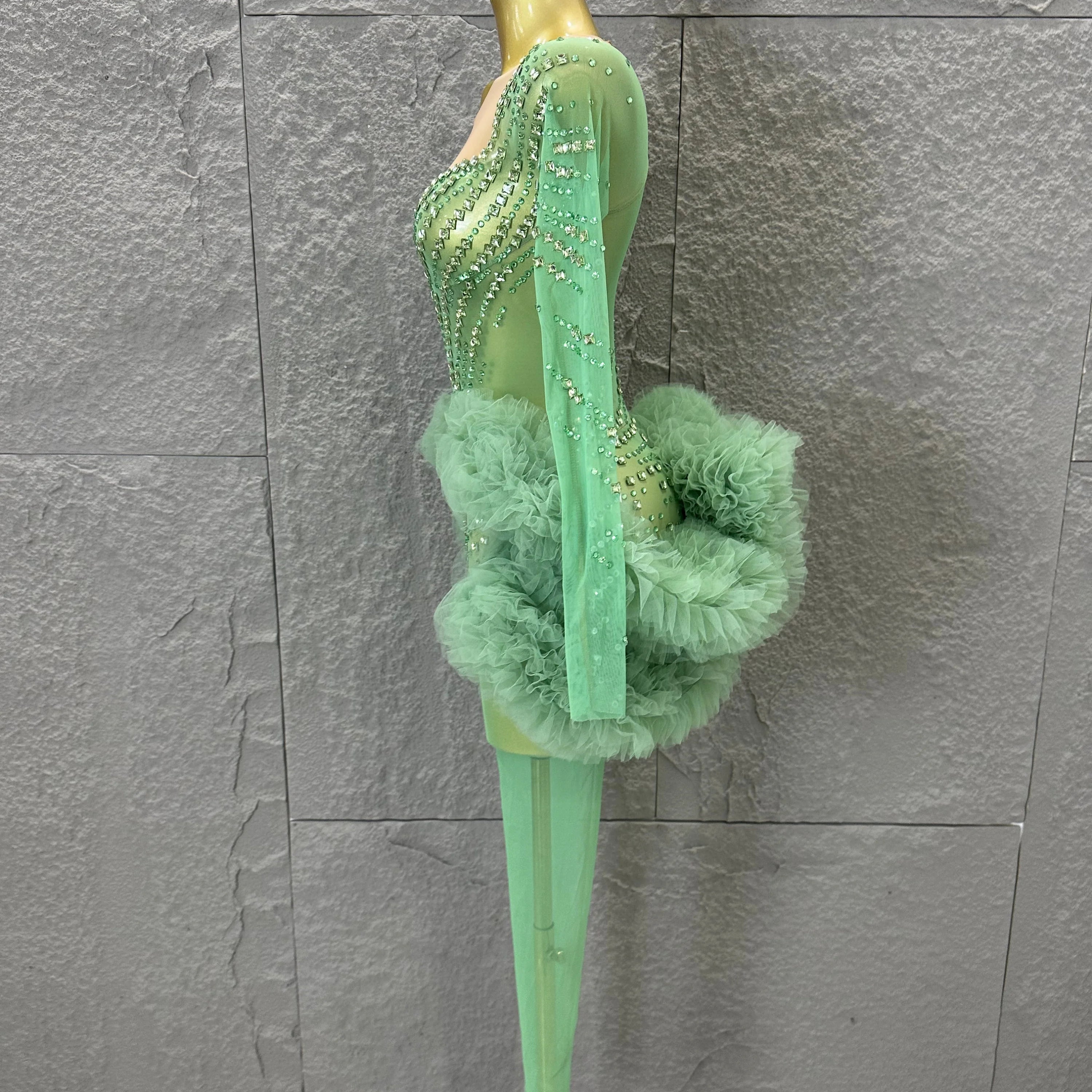 Sparkly Green Long Sleeve Bodysuit Women Stage Performance Sheer Mesh Rhinestone Embellished Ruffle Tulle Latin Dance Costume