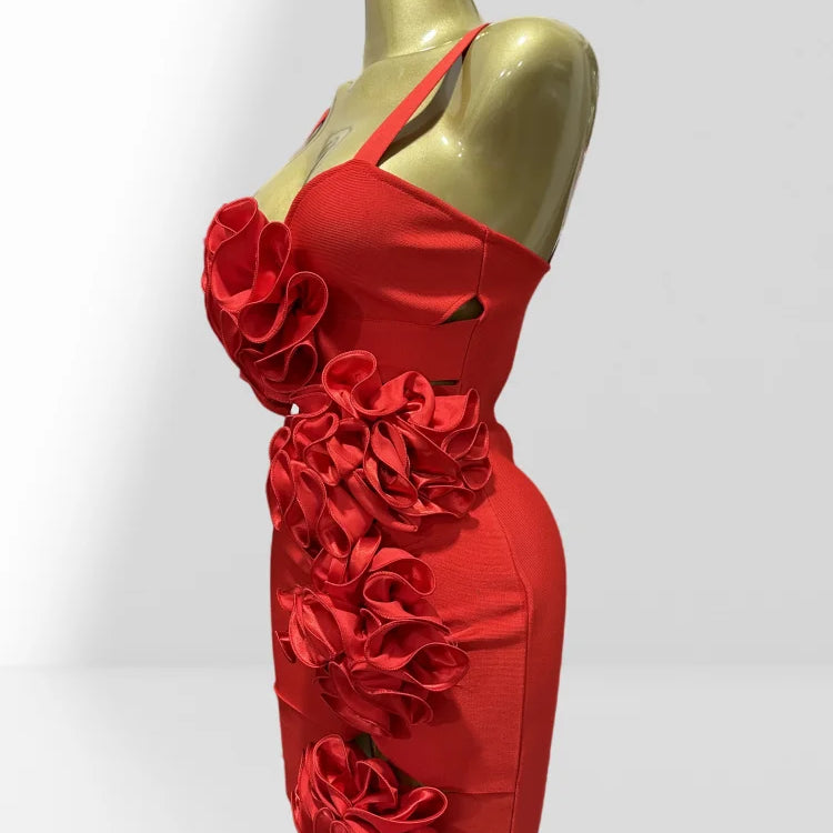 New Summer Stereoscopic Flowers Sexy Hollow Out Spaghetti Red Bandage Mini Dress Sweet Woman Party Dress Birthday Party Vestido