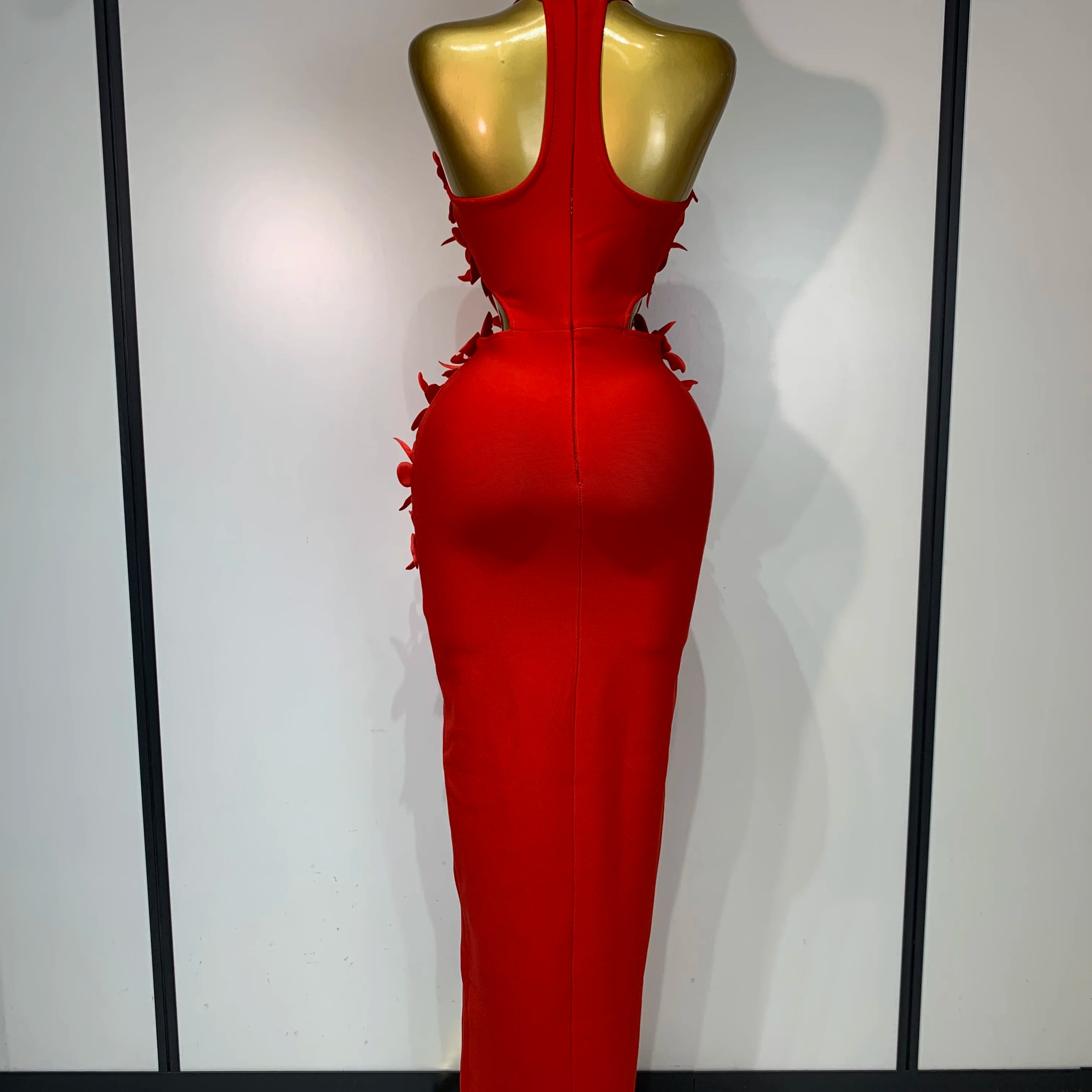 Women Sexy Sleeveless Flower Hollow Out Evening Party Bandage Dresses Red Knitted Bodycon Birthday Wedding Guest Clothing